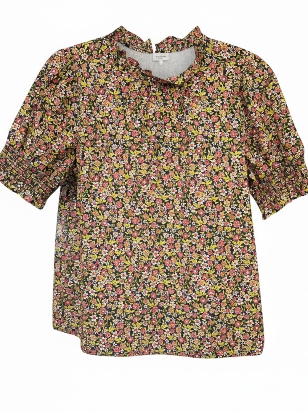 J. Crew Black Floral Ruffle Neck Blouse with Pink & Yellow Flowers